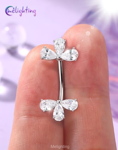 Melighting 14G Double Teardrop CZ Gold Belly Button Ring 316L Surgical Steel Navel Ring 3 Stone Drop Design Belly Bar Piercing Jewelry for Women 8 mm/10 mm - color: Steel, size: 14G8mm