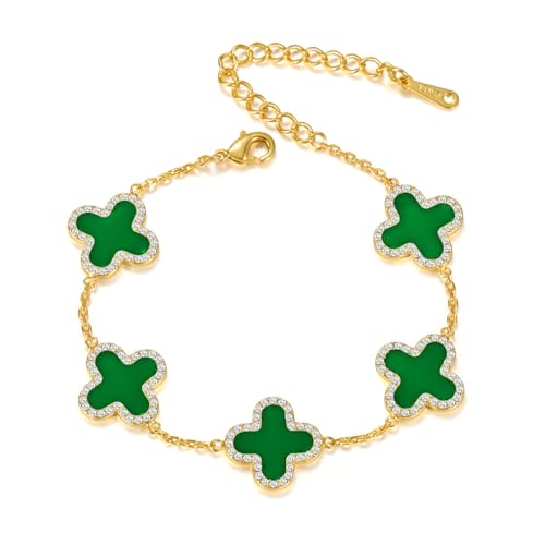 Qitian Clover Bracelet for Women 18K Gold Four Leaf Pink Lucky Link Clover Bracelets, Trendy Bracelets Set Jewelry Gifts for Women - color: D-Green