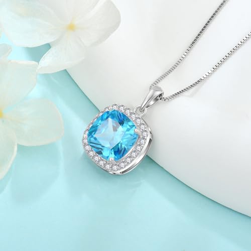 Birthstone Necklace for Women 925 Sterling Silver Princess Cut Halo Necklace Pendant Jewelry for Mom Wife - color: Sea Blue