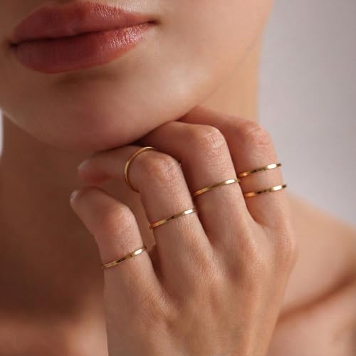 ALEXTINA 1mm Stainless Steel Stacking Rings for Women Thin 14K Gold Plated Band Rings Non Tarnish Stackable Knuckle Rings Thumb Pinky Midi Rings Comfort-Fit Size 4/5/6/7/8/9 - style: Flat