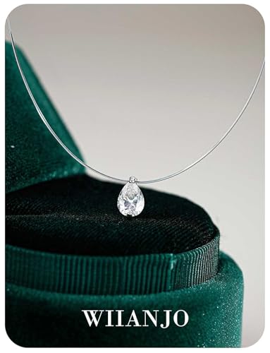 Teardrop 925 Silver CZ Floating Pendant Necklace 16 Inch Cubic Zirconia Invisible Necklace, Hypoallergenic, Jewelry Gifts for Women Anniversary Birthday - color: Pear-Shaped
