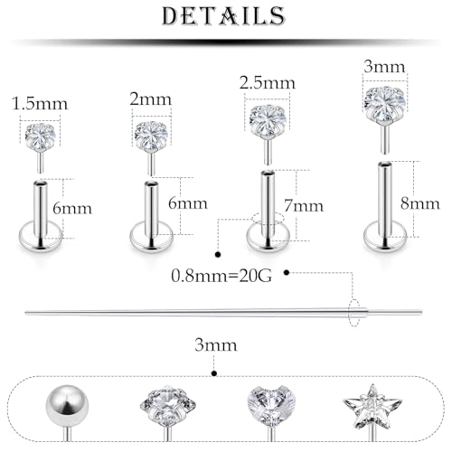 20G 18G 16G Nose Rings Studs 316L Surgical Steel Flat Back Threadless Push in Nose Studs Screw L-Shaped Nose Rings Tragus Cartilage Helix Earrings Piercing Jewelry for Women Men - color: 20G-6/7/8mm Bars-1.5/2/2.5/3mm CZ