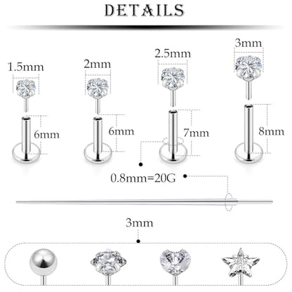 20G 18G 16G Nose Rings Studs 316L Surgical Steel Flat Back Threadless Push in Nose Studs Screw L-Shaped Nose Rings Tragus Cartilage Helix Earrings Piercing Jewelry for Women Men - color: 20G-6/7/8mm Bars-1.5/2/2.5/3mm CZ
