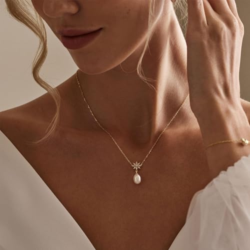 Gold Pearl Necklaces for Women Trendy, 14K Gold Plated Dainty Necklace Simple Layered Pearl Necklaces for Women Trendy Wedding Birthday Jewelry - color: 5-CZ Pearl necklace