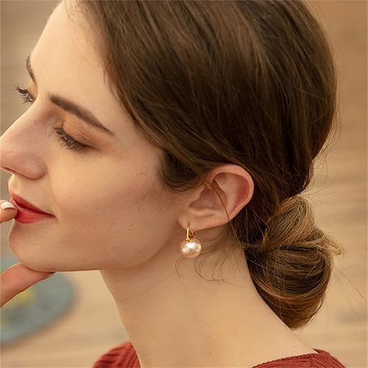 HUGE TOMATO Elegant 925 Sterling Silver Pearl Drop Earrings for Women, 14K Gold Plated Dangle Stud Earrings, Hypoallergenic Large Pearl Hoop Earring dangling 12mm - color: Pink Champagne