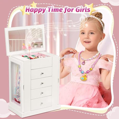 Emfogo Jewelry Box for Girls, Musical Jewelry Box with Spinning Dancer Gifts for Little Girls Christmas New Year Birthday Children's Day, 5 Layer Large Wooden Kids Music Jewelry Organizer Box(White) - color: White