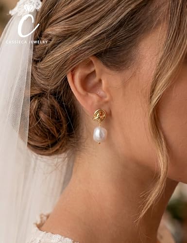 CASSIECA Clip on Earrings Women Pearl Earrings Hypoallergenic 14K Gold Plated Non Pierced Earring Comfortable Fake Drop Dangle Cubic Zirconia Lightweight Pearl Accessories Jewelry Gift Knot