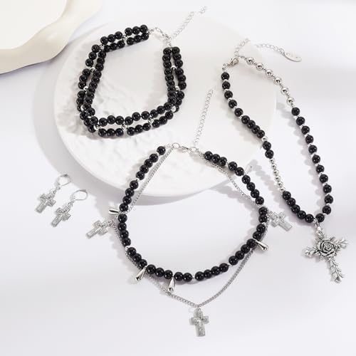 Bocar Gothic Cross Layered Pearl Necklace Chunky Statement Stacked Necklace Y2K Silver Layered Necklace for Women (NK-10769) - color: Black