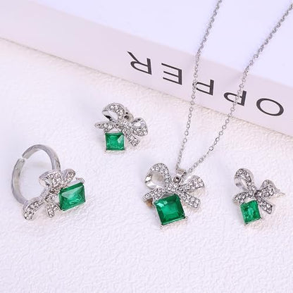 Elegant Jewelry Set Necklace for Women，Adjustable Dainty Cubic Zirconia Trendy Choker Pendant Necklace+Earrings+Ring, Mother's Day Valentine's Day Gifts Pendant Set for Women 3PCS - color: Green bow
