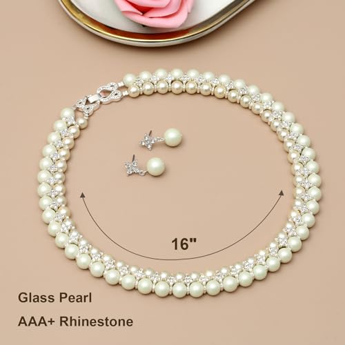 S SUSANN Costume Layered Twisted Gold Pearl Necklace Choker Chunky Glass Statement Pearl Necklace and Earring set, good gift for women Faux pearl necklace set - style: silver star rhinestones pearl