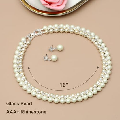 S SUSANN Costume Layered Twisted Gold Pearl Necklace Choker Chunky Glass Statement Pearl Necklace and Earring set, good gift for women Faux pearl necklace set - style: silver star rhinestones pearl