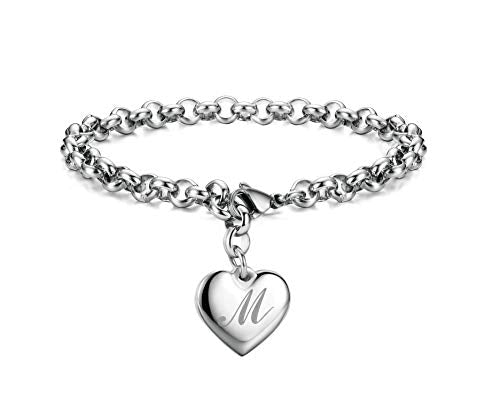 Monily Birthday Gifts for Women Initial Charm Bracelets for Women Letters Alphabet Heart Bracelet for Women - color: M: Heart