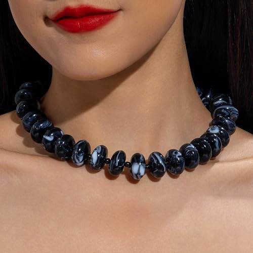 Beaded Necklace for Women Statement Chunky Necklace Boho Bead Choker Acrylic Big Bead Necklaces Summer Beach Jewelry for Women - color: Black