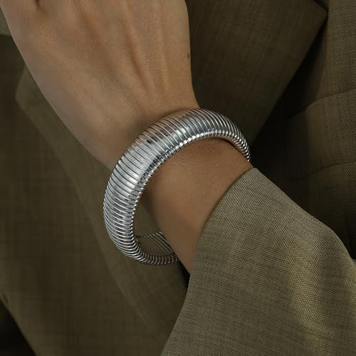 Gold Chunky Stretch Snake Chain Bangle Bracelets Stack for Women Trendy, 18K Gold Filled Stainless Steel Stretchy Womens Stackable Wristband Bangles Bracelet Set - style: SILVER 16MM&20MM