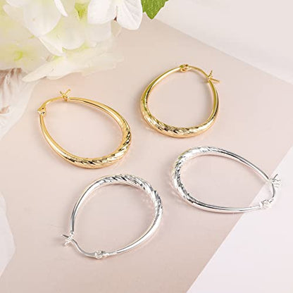 Silver Oval Hoop Earrings for Women 14K Gold Plated Hoop Earrings | Hypoallergenic Lightweight - color: D-Silver