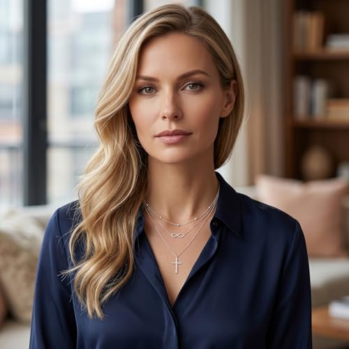 MONGAS Boho Layered Necklace Sterling Silver Triple 3 Stacked Vertical Bar Triangle Long Layering Necklaces Christmas Jewelry Gifts for Women - style: Infinity Cross