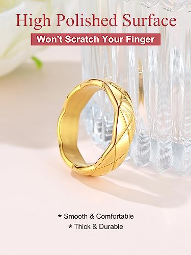 FOCALOOK Crush Bands Ring for Women Yellow Gold Plated 6MM Wide Wedding Promise Stacking Rings, Size 7-12 - color: 01.Gold