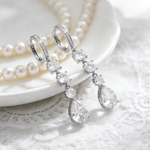 Sonateomber Christmas Tree Dangle Small Gold Hoop Earrings for Women, Cute Sparkly CZ Rhinestone Maple Clover Leaf Drop Earings Thanksgiving Holiday Accessories Fashion Jewelry Gift - color: Silver Teardrop