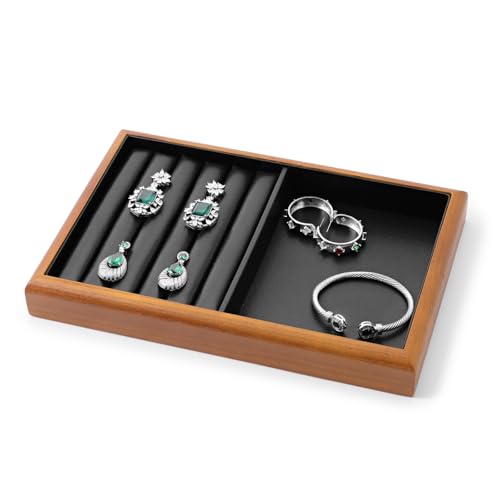 Solid Wood 2-in-1 Stackable Jewelry Display Tray | Solid wood frame & scratch-proof PU lining, 2-in-1 stackable tray for home vanity & retail jewelry display - color: Black, size: Ring/Flat Tray