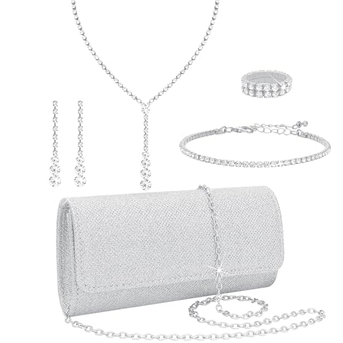 NEWITIN Purse Rhinestone Jewelry Set for Women Prom Jewels Crystal Clutch Purse Necklaces Rings Bracelets Earrings Gold Silver Jewelry Set for Women Bride - color: 6 Pieces Silver