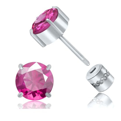 Titanium Flat Back Surgical Stainless Steel Stud Earrings for Women Men,Birthstone Stud Earrings Hypoallergenic Double Side 5A Cubic Zirconia Studs Jewelry 6mm - color: Silvery-Rose Red CZ