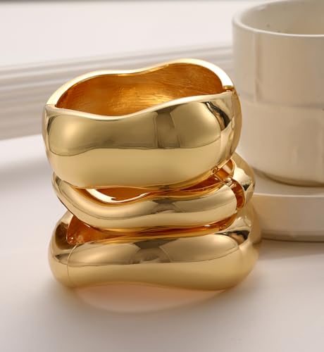Chunky Gold Bangle Bracelets for Women, 14k Gold Plated Dainty Cuff Stackable Bangles Set, Trendy Bracelet Stack Fashion Jewelry Gifts - color: 01-GOLD-01