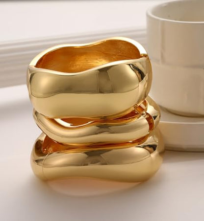 Chunky Gold Bangle Bracelets for Women, 14k Gold Plated Dainty Cuff Stackable Bangles Set, Trendy Bracelet Stack Fashion Jewelry Gifts - color: 01-GOLD-01