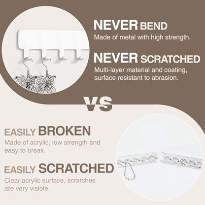 Necklace Holder Wall Mounted,Self Adhesive Jewelry Organizer,2 Pack,White | Modern Design,24 Hooks for Jewelry,Self Adhesive No Drilling,Durable Metal Design,for bedroom/closet/bathroom/vanity - color: White