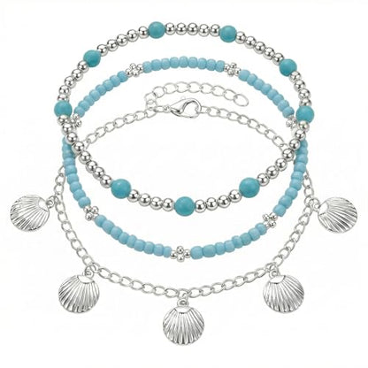 Silver Blue Beaded Shell Charm Layered Anklet Set for Women, Boho Handmade 3Pcs Beads Pearls Anklets Summer Beach Ocean Accessories Jewelry Gift