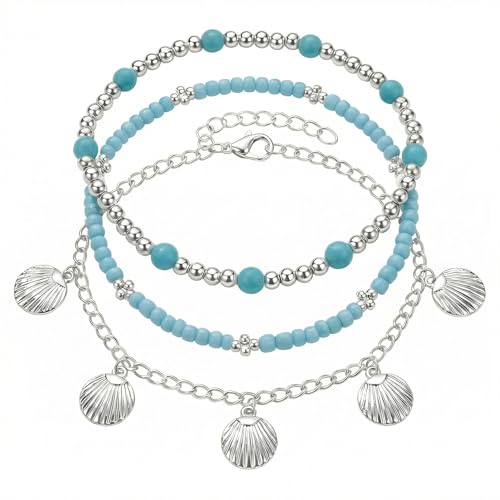 Silver Blue Beaded Shell Charm Layered Anklet Set for Women, Boho Handmade 3Pcs Beads Pearls Anklets Summer Beach Ocean Accessories Jewelry Gift