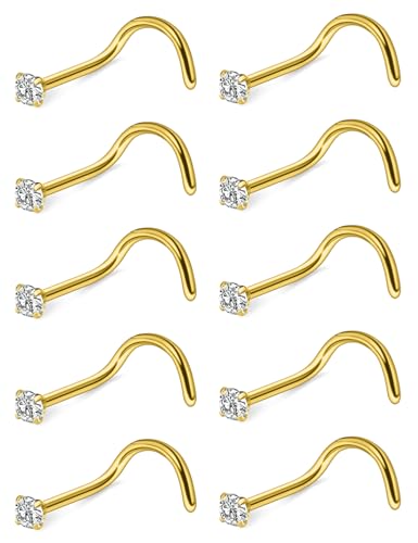 Nose Studs Surgical Steel Nose Rings Studs with Cubic Zirconia 10Pcs Tiny Nostril Rings for Women Screw Bone and L-Shaped Nostril Piercing Jewelry 24G 22G 20G 18G - color: goldtone,screw nose studs, size: 18g,2.0mm Clear CZ