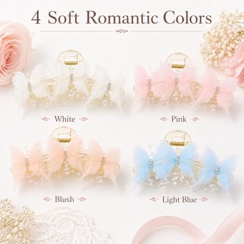 Bphne 4 Pack Pearl Butterfly Hair Clips for Women and Girls – Fabric Butterfly with Pearl Bow Decor, 6.19 Inch Large Elegant Hair Accessories, Faux Pearls Butterfly Hair Clip for Daily Styling