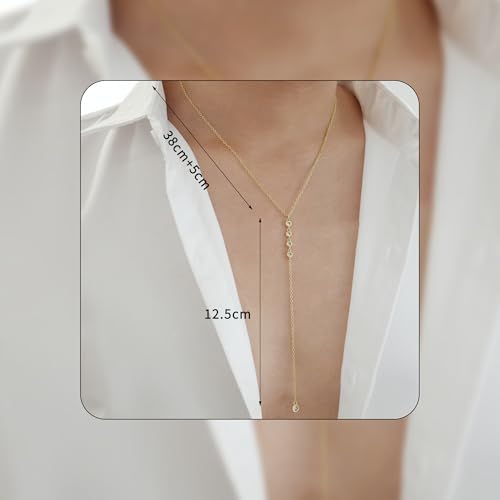 Lariat Gold Necklace for Women, Dainty Long Necklace Y-Shaped Layered Beaded Chain Drop 14k Gold Plated/Silver Necklaces Trendy CZ Diomand Simple Jewelry for Women Gift - color: Gold-Y-CZ Lariat Necklace