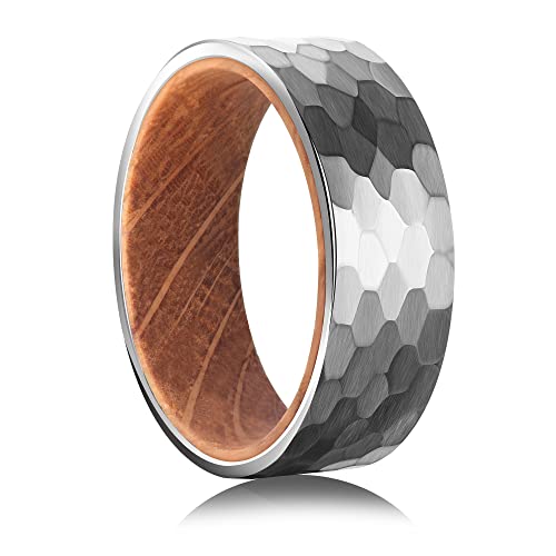 Tungsten Rings for Men Womens 8mm Black Silver Fashion Promise Wedding Band Carbide Inner Hole Inlaid Whiskey Barrel Wood Chamfer Frosted Matte Finish Edge Comfort Fit size 7-12 - color: Silver Hammer