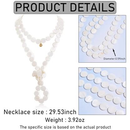 Firstmeet Flat Round Coin Shell Beads Long Knotted Necklace Natural Mother of Pearl Handmade Jewelry For Women - color: White