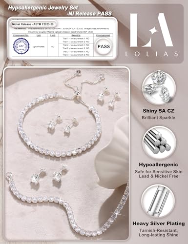 LOLIAS Silver Jewelry Set for Women Tennis Necklace Bracelet Hypoallergenic | Wedding Jewelry Sets for Brides Bridemaid,Costume Party Prom Accessories,Chockers Necklace CZ Tennis Bracelet Earrings Studs - style: Tennis Necklaces Bracelet+4mm/5mm/6mm Studs