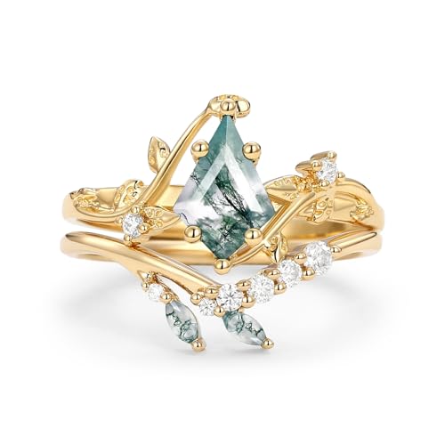 Natural Moss Agate Leafy Vintage Bridal Sets Wedding Rings for Women, 10K 14K 18K Solid Gold Kite-Cut Green Moss Agate and Moissanite Engagement Ring for Women Mother Her Jewelry Gift - color: 09-style9