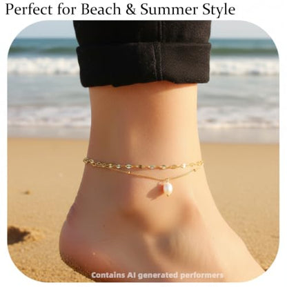 Pearl Anklet Waterproof Anklet for Women, 14K Gold Plated Double Layer Chain with Mini Pearl Beads, Adjustable Beach Foot Jewelry Gift