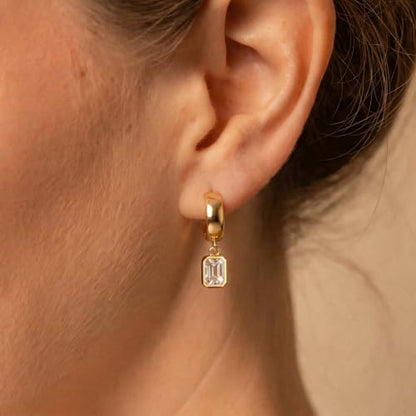 Gold Chunky Dangle Earrings for Women, Bezel Set Cubic Zirconia Charm | 14K Gold Silver Plated, Statement Huggie Hoops Drop Earrings, Trendy Jewelry Gifts, High Grade CZ, Hypoallergenic Lightweight - color: GD-Rectangular CZ Hoop