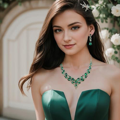 Women's Wedding Statement Necklace Dangle Earring Jewelry | Austrian Crystal Teardrop Cluster,Necklaces Earrings Set for Bride Bridesmaid,Prom Accessories - color: 04-Emerald Color Silver-Tone
