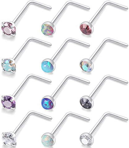 18G 20G 22G Nose Rings Studs 316L Surgical Steel Straight Screw L Shaped Nose Studs for Women Men CZ Opal Size 1.5mm 2mm 2.5mm 3mm - color: 20G-L Shape-Opal/CZ 2.5mm