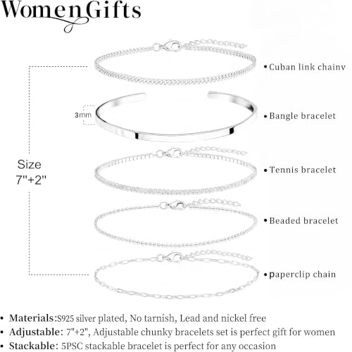 Dainty Gold Bracelet for Women Trendy Non Tarnish, Thin Bracelets Stackable Set with Bangle Cuff, Box, Herringbone, Paperclip, Figaro, Sparkling Link Chains Waterproof, Simple Jewelry Gifts for Women - color: Silver-tennis/cuban/bangle/paperclip/Beaded
