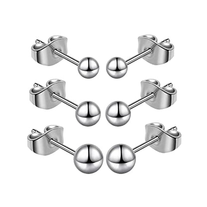 Titanium Ball Earrings Hypoallergenic Studs for Women Men Sensitive Ears Black 3mm 4mm 5mm Titanium Backs - style: 3 pairs polished