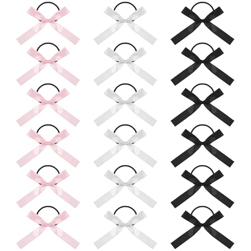 18PCS Silky Satin Hair Bows Ties for Girls, Bowknot Ribbon Ponytail Holders, Ribbon Hair Bows for Women Girls, Elastics Hairscrunchies for Thick Thin, Elastic Hairbands(White/Black/Pink)