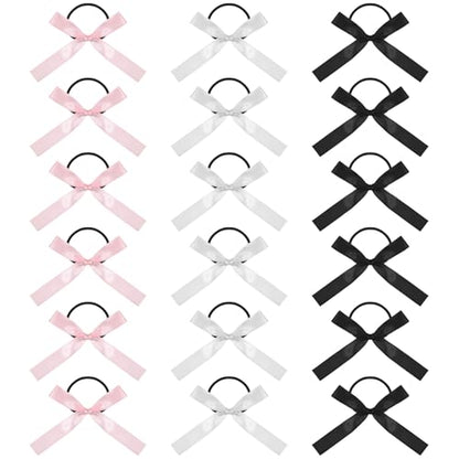 18PCS Silky Satin Hair Bows Ties for Girls, Bowknot Ribbon Ponytail Holders, Ribbon Hair Bows for Women Girls, Elastics Hairscrunchies for Thick Thin, Elastic Hairbands(White/Black/Pink)