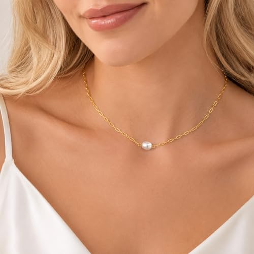 Pearl Necklaces for Women Trendy, Dainty Beaded Choker Necklace, 14K Gold Plated Station Chain, Simple Layering Wedding Prom Jewelry Gift - color: Gold Paperclip Pearl