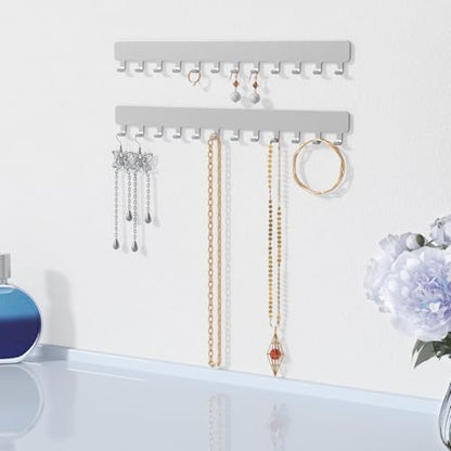 Necklace Holder Wall Mounted,Self Adhesive Jewelry Organizer,2 Pack,Silver | Modern Design,24 Hooks for Jewelry,Self Adhesive No Drilling,Durable Metal Design,for bedroom/closet/bathroom/vanity - color: Silver
