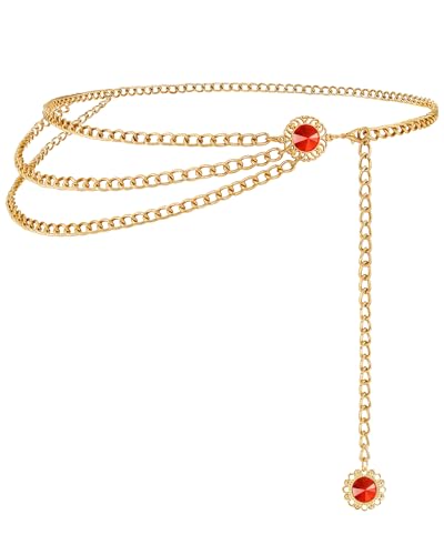 Chain Belt for Women Fashion Multilayer Metal Waist Chain Dress Belt Adjustable - size: Fit Waist Up to 53'', style: Gold-B