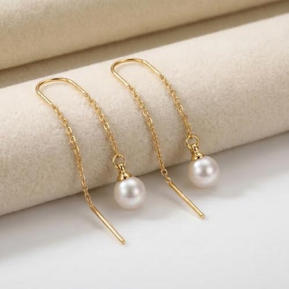 Pearl Dangle Earrings for Women, Threader Earrings Long Drop Earrings, Dainty Hoop Earrings Hypoallergenic Tassel Ear Chain for Wedding Jewelry Gifts - color: Pearl Threader Earrings