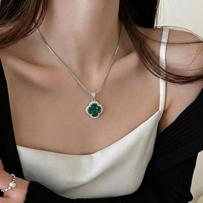 Green/Blue Zircon 4-Leaf Clover Jewelry Set – Necklace, Ring, Earrings – Women's Wedding & Evening Gift for Wife, Girlfriend, Mother – Comes with Gift Box - color: Green Necklace